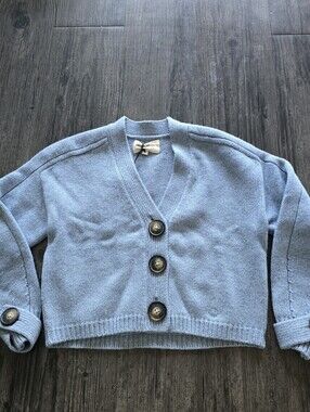 LOULOU STUDIO Kids Size 6 Blue Wool-Cashmere V-Neck Button Cardigan